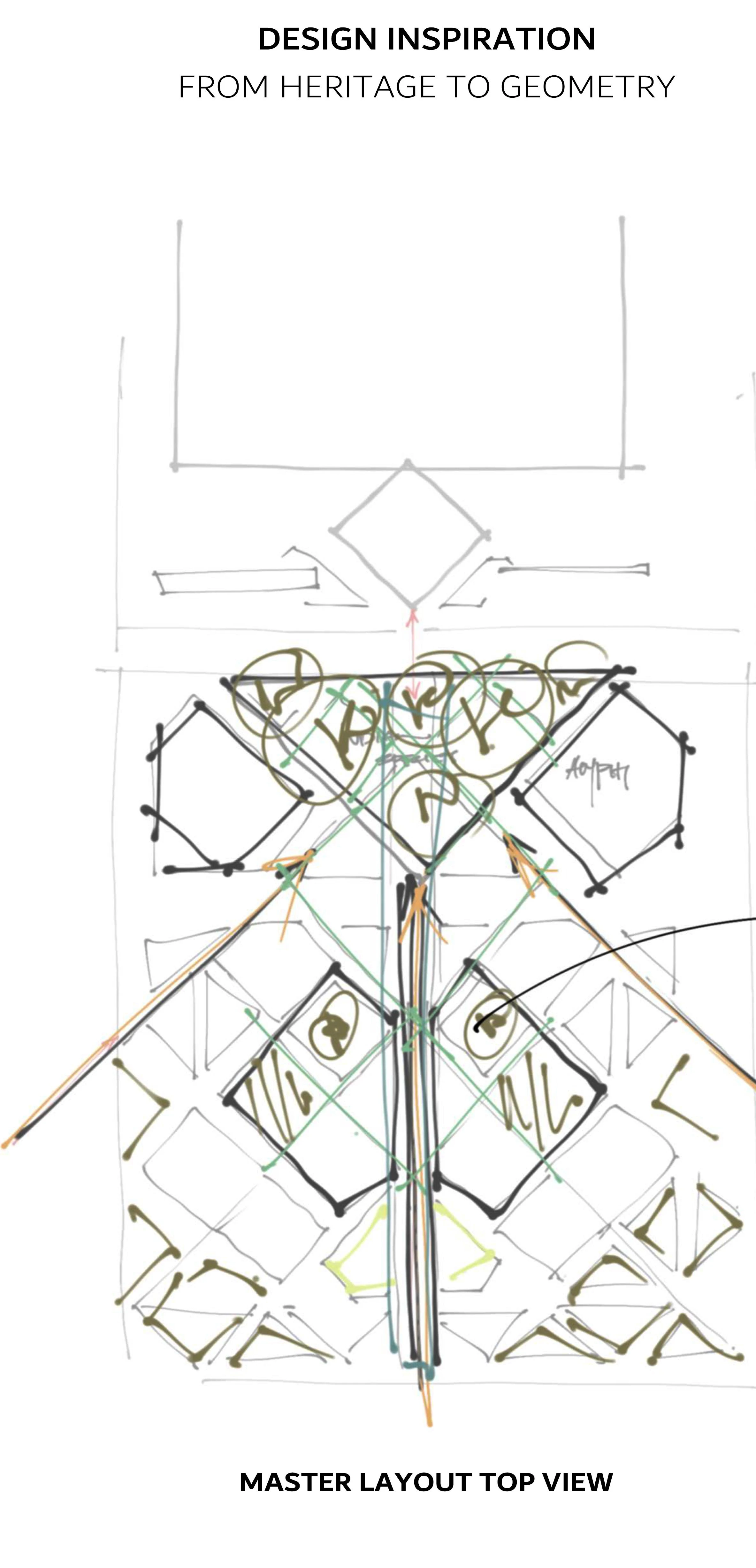 A hand-drawn sketch of the sunken plaza and the surrounding geometric grid