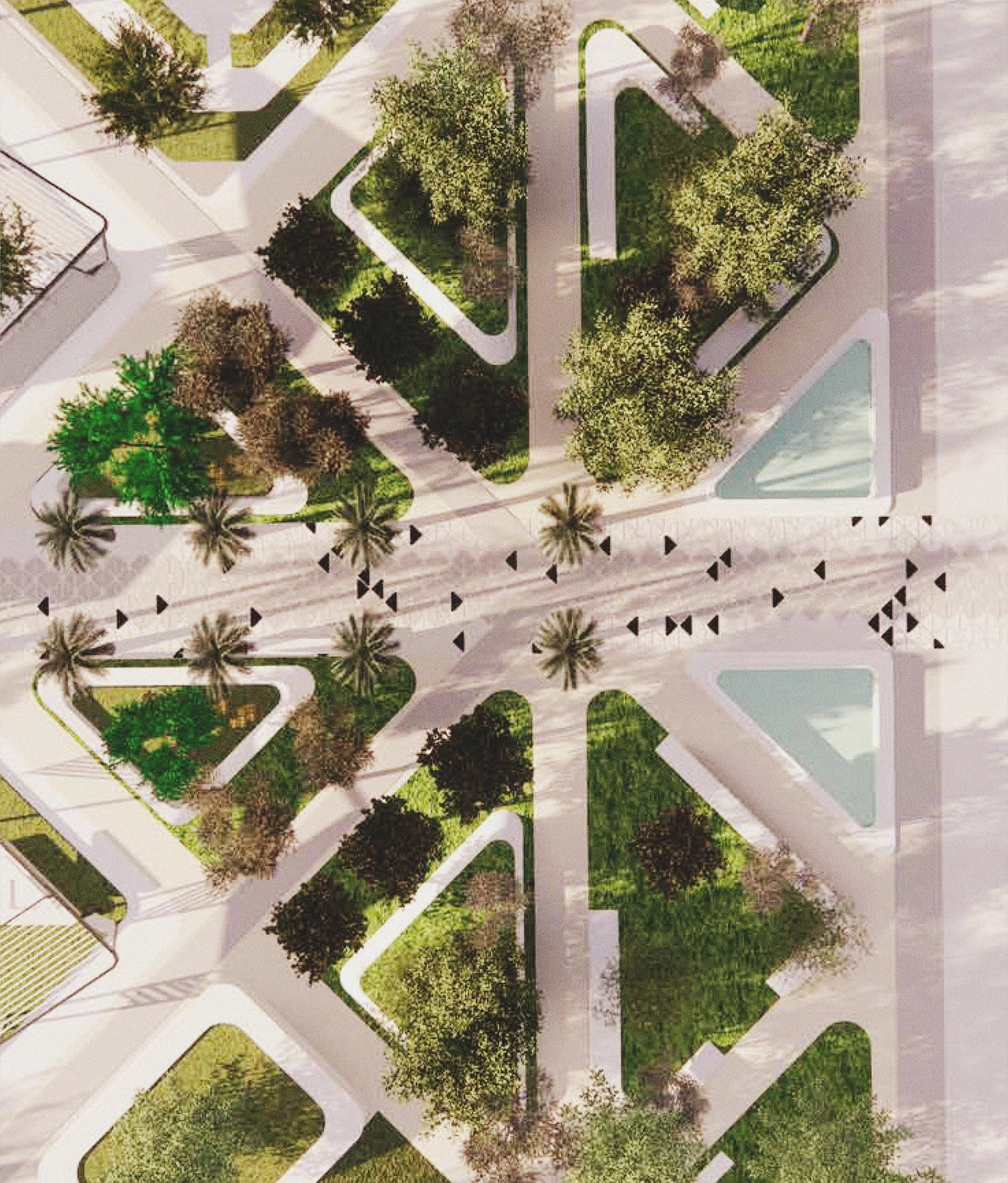 A top-down view of a shaded campus crossing, palms and triangular lawns radiating from the center