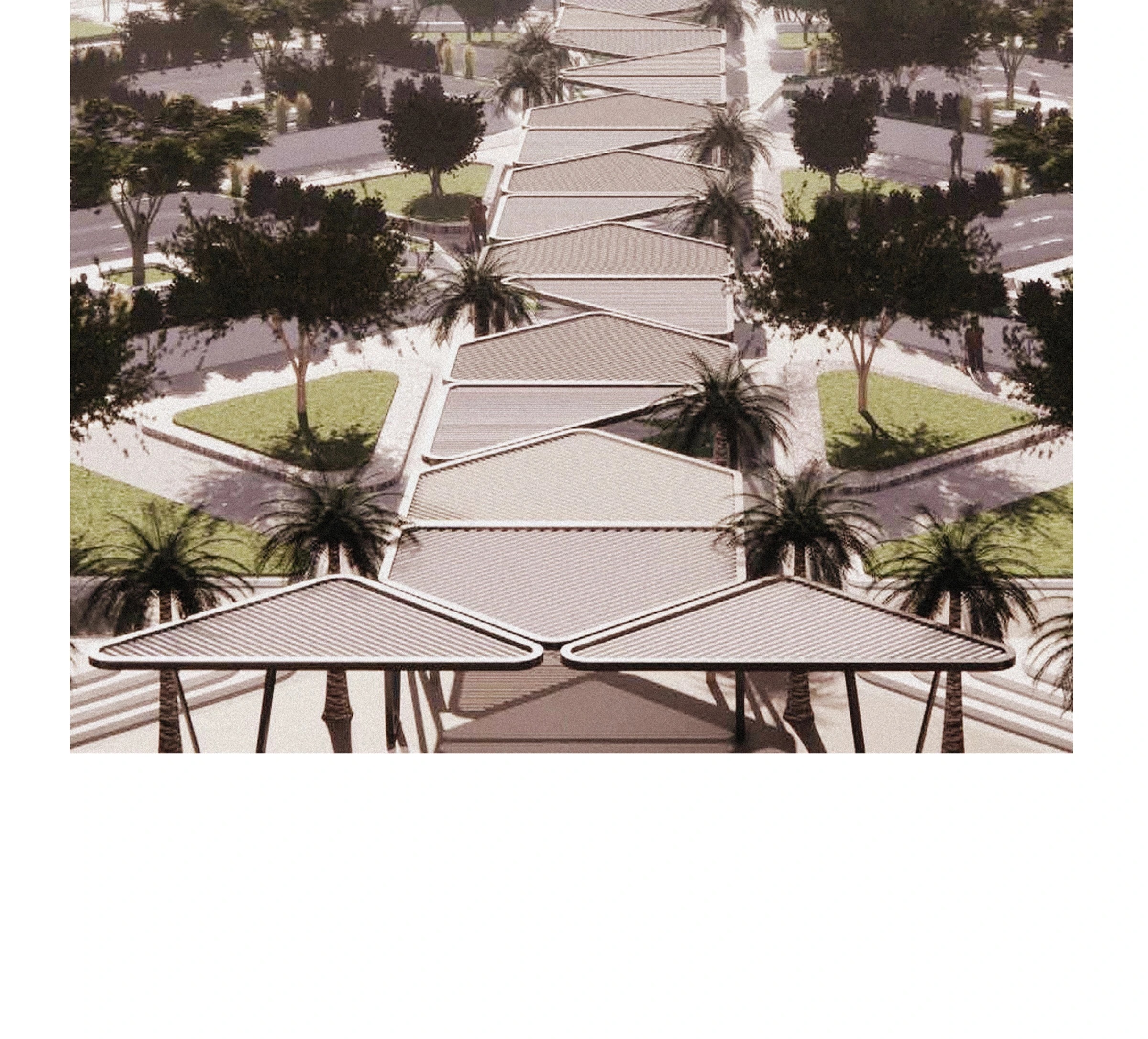 A shaded walkway built from repeating triangular bays, lined with palms