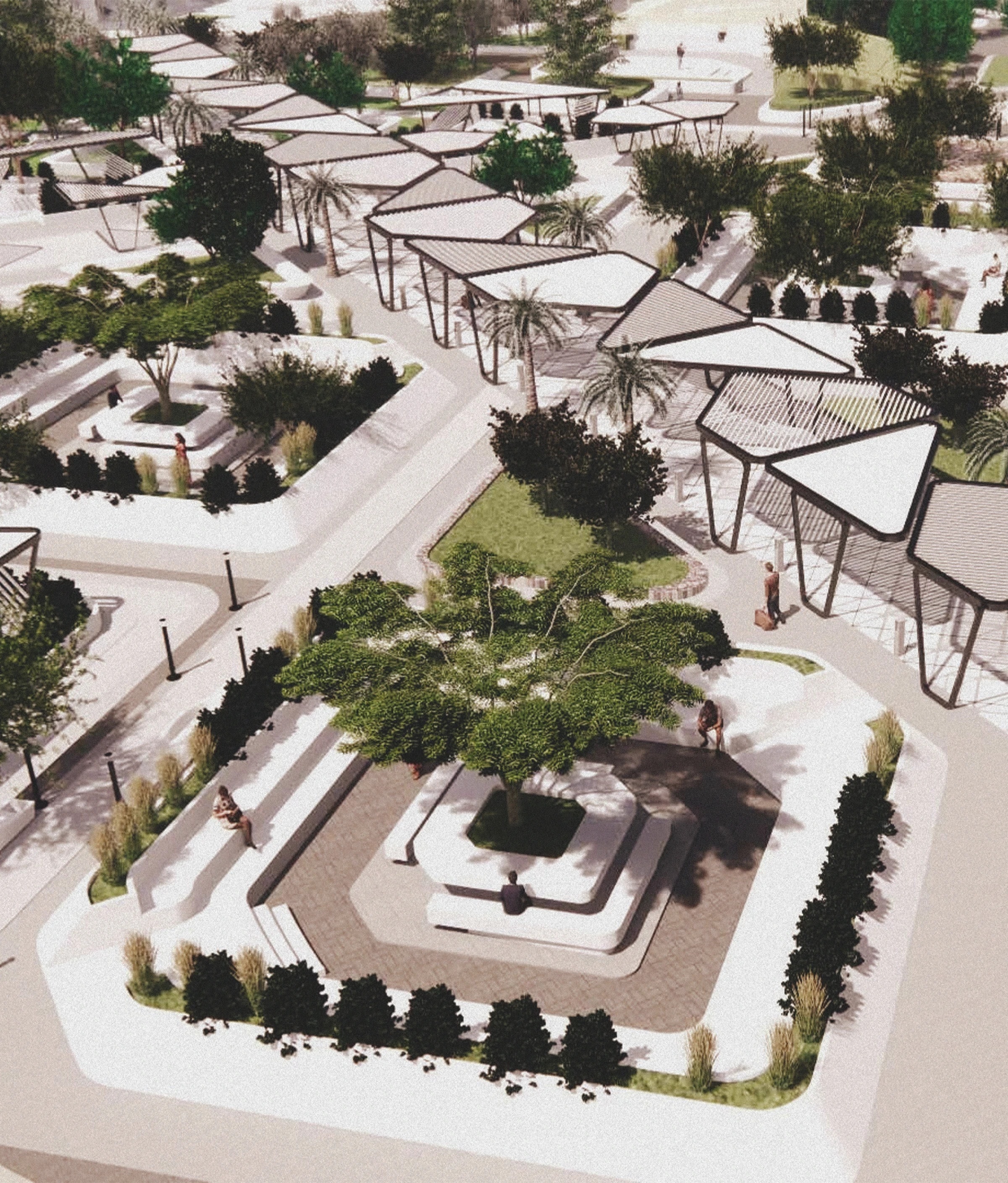 An aerial view of a sunken plaza shaded by a tree canopy